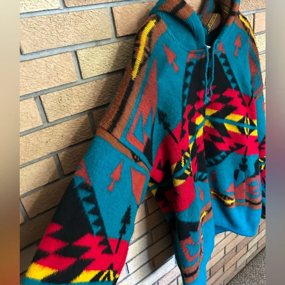 CAMPTEX 100% Wool Teal Aztec Southwest Full Zip Hooded Sweater Hoodie Size XL - Picture 2 of 5